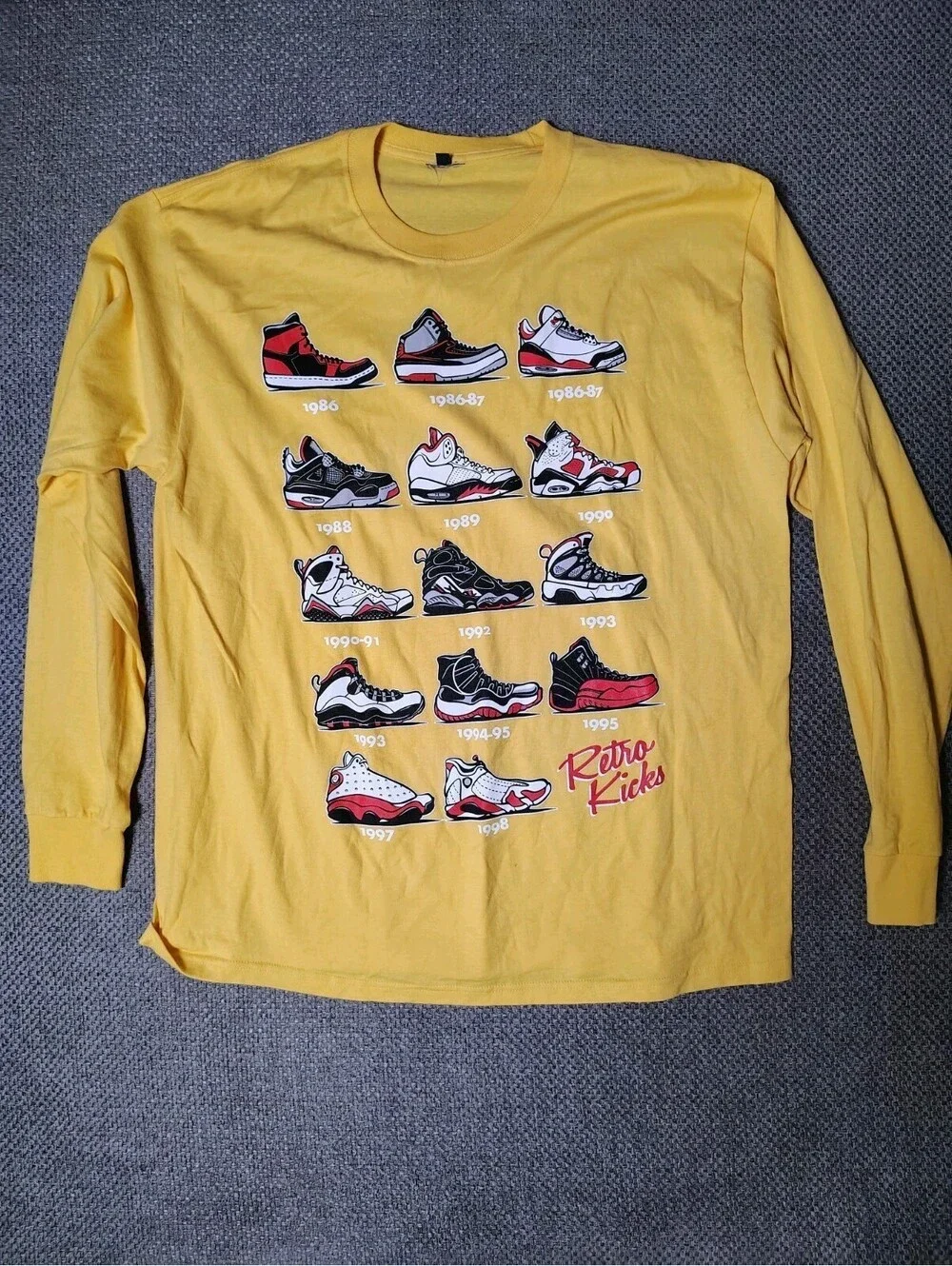 Retro Kicks Jordan Sneaker History Long Sleeve T Shirt Yellow Men's Size L